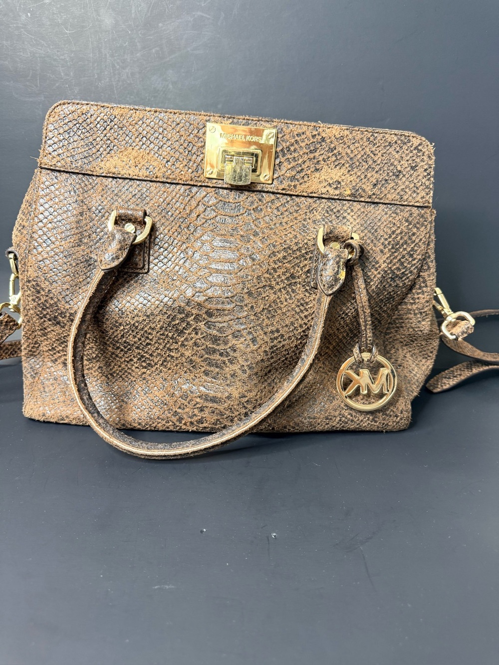 Michael Kors Astrid Satchel Brown Snake Embossed Leather Crossbody Bag MK